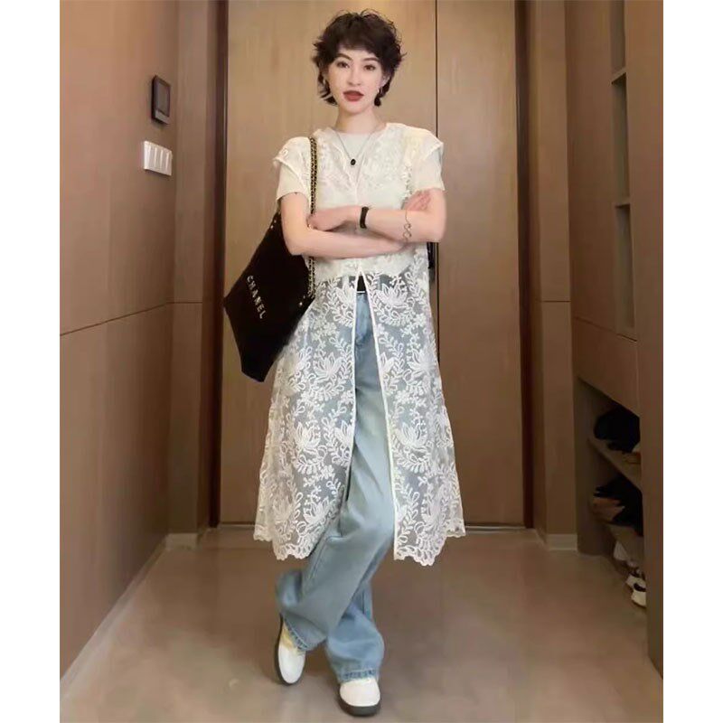 新中式v领连f衣裙女士夏季宽松提花叠穿镂空罩衫中长款蕾丝背心裙