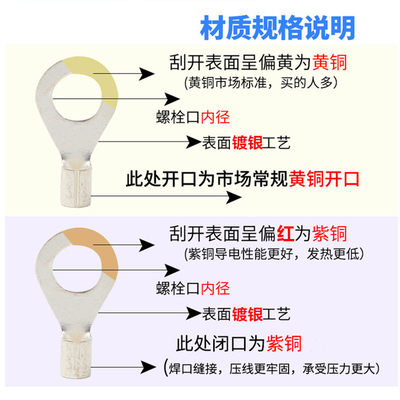 .子T1-3/4/5冷压线耳接线端OO型5形铜鼻子连接器裸端头X0.圆-1平.