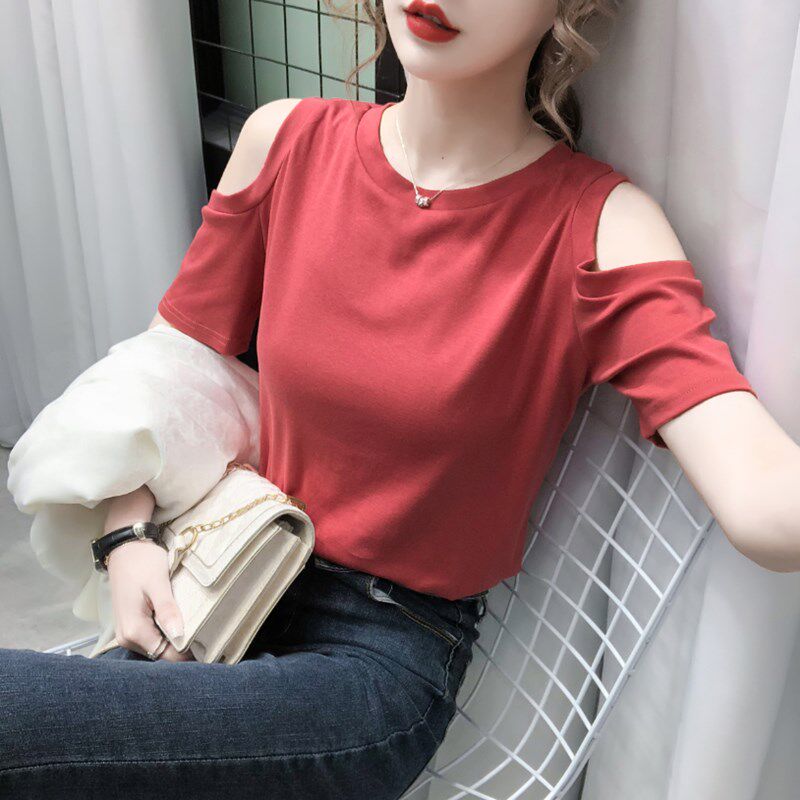 夏季纯棉短袖T恤女露肩性感2022新款洋气修身显瘦时尚上衣女百搭