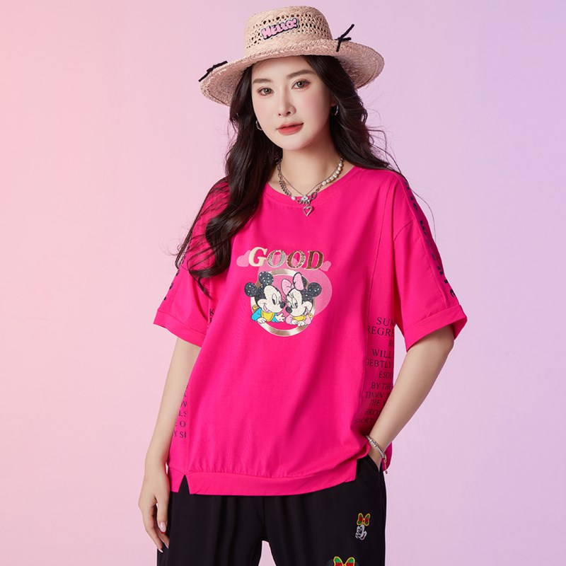 特大码女装胖mm夏装洋气卡通减龄上衣胖妹妹遮肉显瘦时尚短袖套装