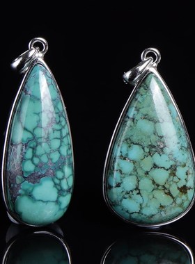 天然无优化湖北高瓷绿松石吊坠水滴925银包边挂坠女款饰品礼物