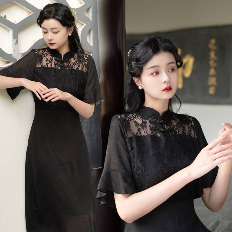 2025夏季新款年轻款少女文艺复古雪纺蕾丝钩花改良旗袍国风连衣裙