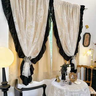 法式 复古遮光窗帘赫本风黑色荷叶边双层布纱一体宿舍小窗帘隔断帘