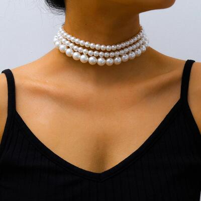 热销Multi-Layer White Imitation Pearl Necklace Bead  Chain P