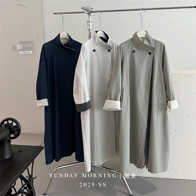 十三行日落2f025春季新款高品质棉质中长款风衣女设计感撞色F6074