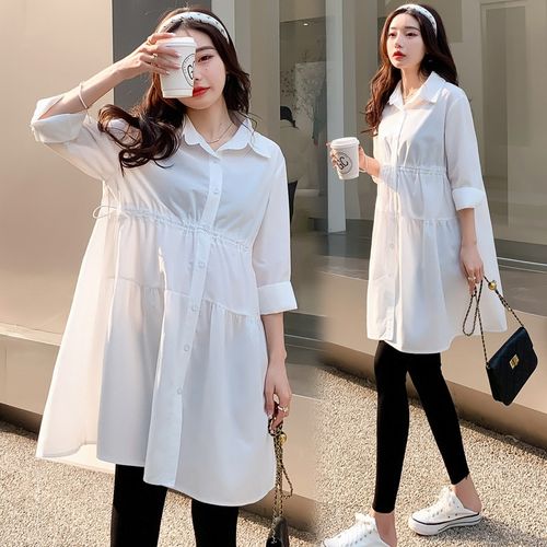 孕妇装春装连衣裙时尚套装减龄显瘦A字衬衫裙中长款打底长袖上衣