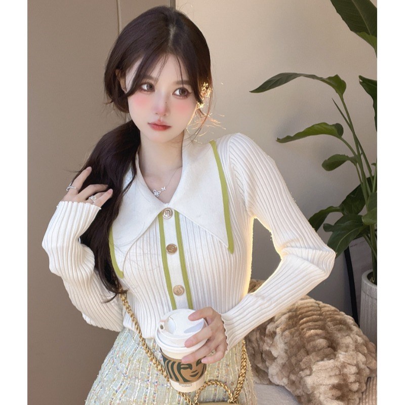 现货春秋气质修身针织衫女设计感小众大翻领白色毛衣别致长袖打底