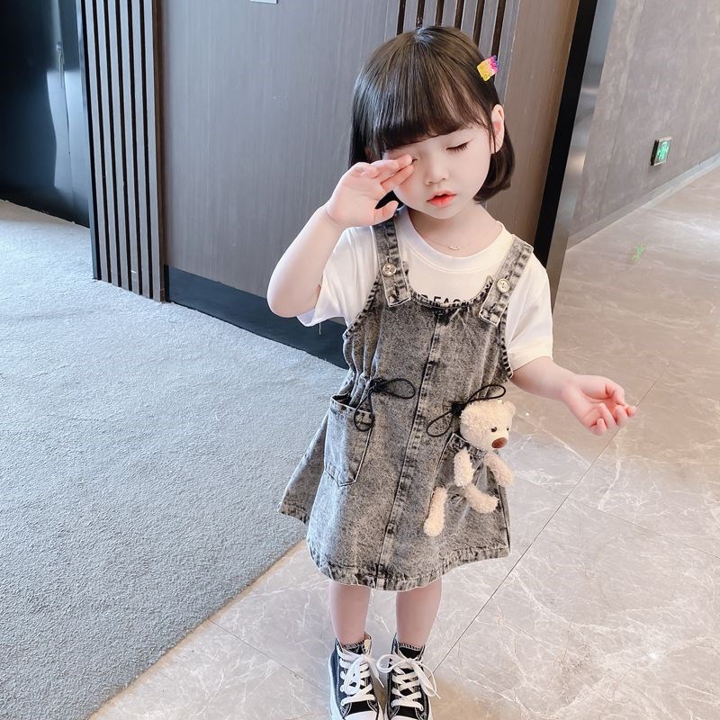 现货新品女童牛仔背带裙套装新款儿童夏装裙子吊带裙女宝宝衣服洋