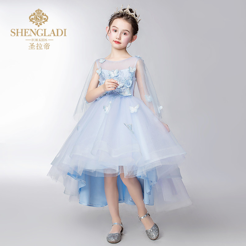 新品花童礼服女儿童婚纱女童公主裙蓝色蓬蓬纱生日小主持人走秀演