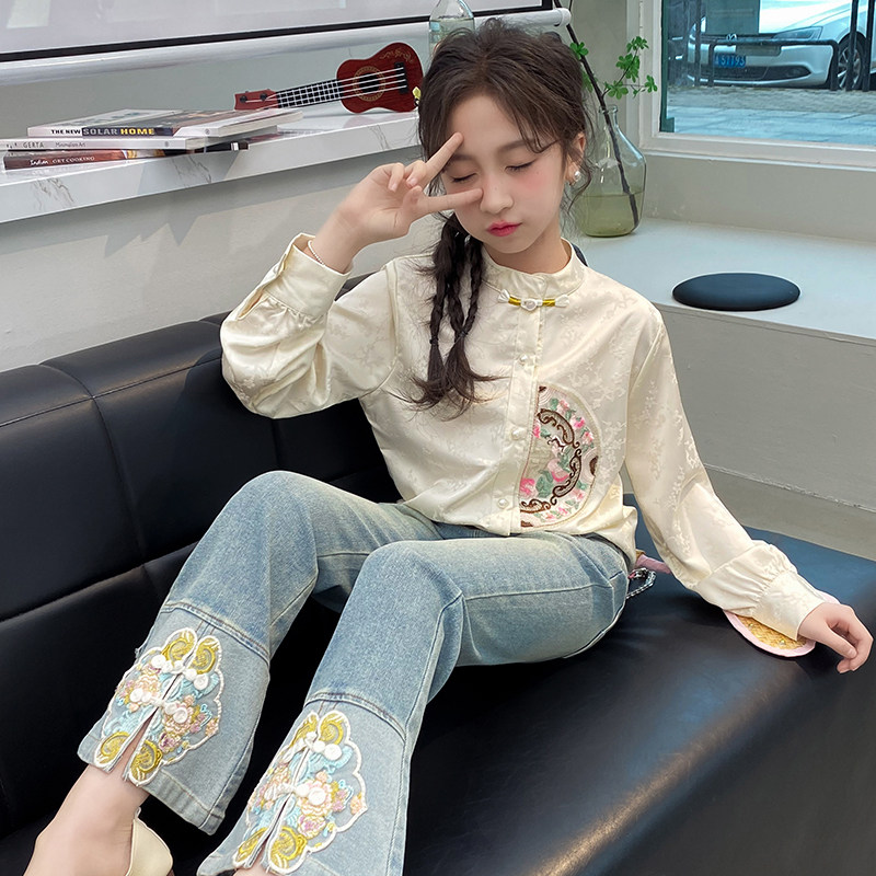 现货女童衬衫长袖2024春款儿童国风打底衫夏季女孩U大童春秋新中