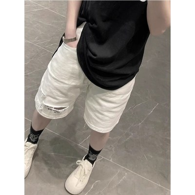 白色破洞牛仔短裤女夏p季薄款梨形身材胖mm高腰宽松显瘦五分直筒
