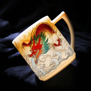 羊脂玉素烧龙年陶瓷描金杯子茶水分离泡茶杯大容量水杯礼品办公杯