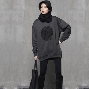中长款加绒加厚卫衣女士2023早C春新款圆领宽松外套秋冬季套头上