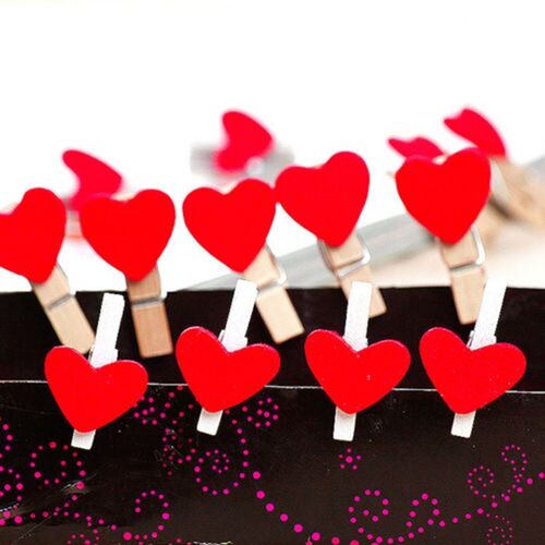 20PCS Mini Red Lover Heart Shaped Wooden Clips Memo Book Cli