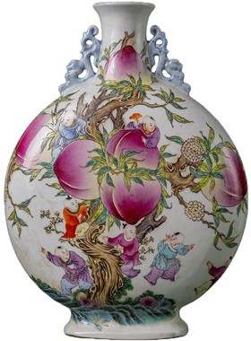 清代 粉彩童子献寿抱月瓶文玩古董瓷器艺术品摆件办公室花瓶摆件