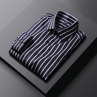 红色条纹衬衫男长袖秋季薄款雪纺村子抗皱大肚子拼色弹力衬衣潮流