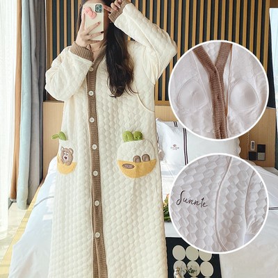 孕妇产房睡裙冬季加厚空气棉睡袍产后哺乳月子Q服带胸垫冬天待产