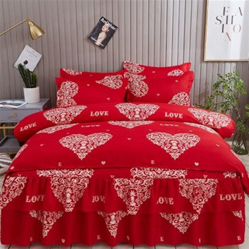 加厚中式婚庆床罩床裙四件套大红色床单被套被罩结婚新婚床上用品,床上用品,婚庆床品套件,淘宝优惠券,粉丝福利购,淘宝优惠卷