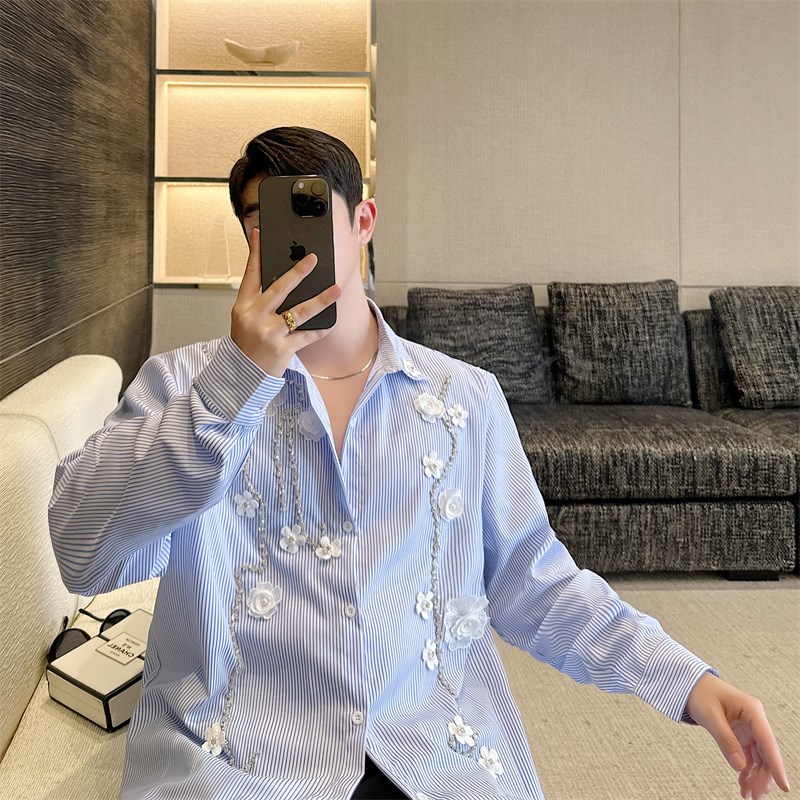 网红气质手工订花高m级感衬衫男长袖韩版时尚设计感蓝条纹衬衣重