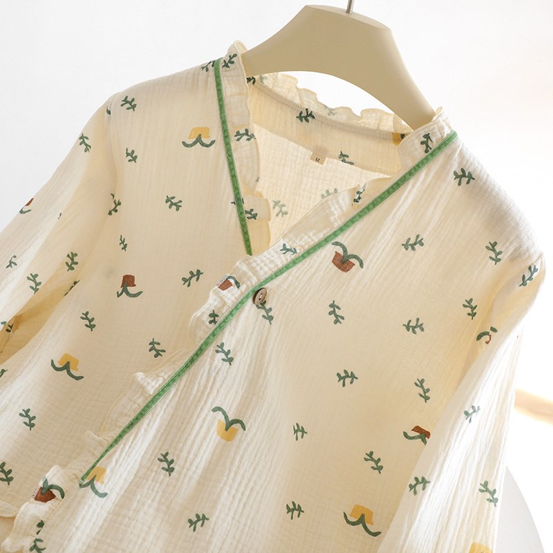 日系和服睡衣女春秋款双层纱布清新薄款长Q袖家居服套装夏季
