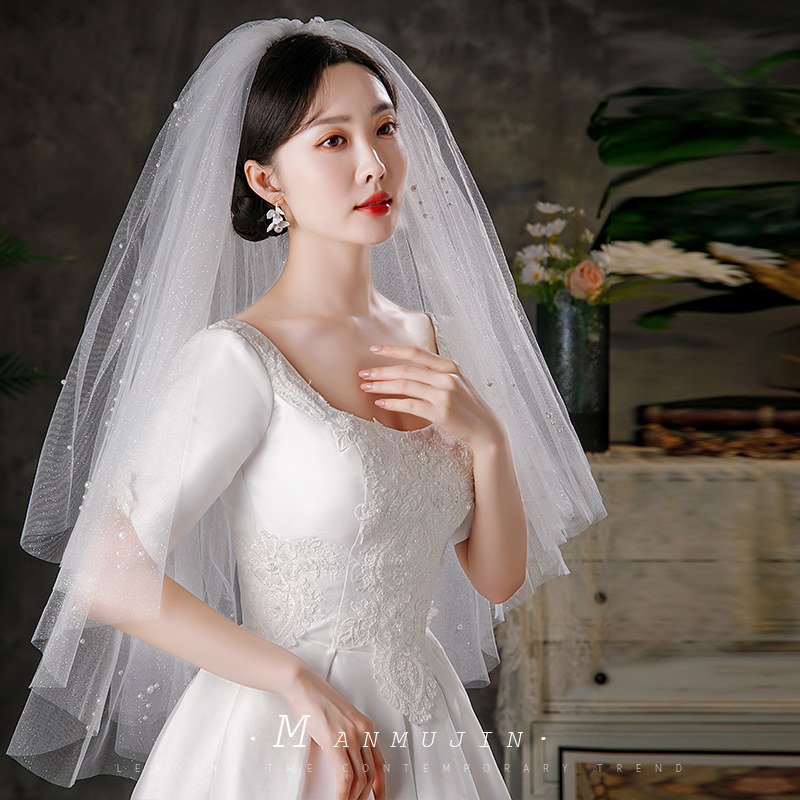 新品新娘头纱细闪亮粉蓬蓬纱结A婚礼造型拍照头饰闪闪发光双层珍