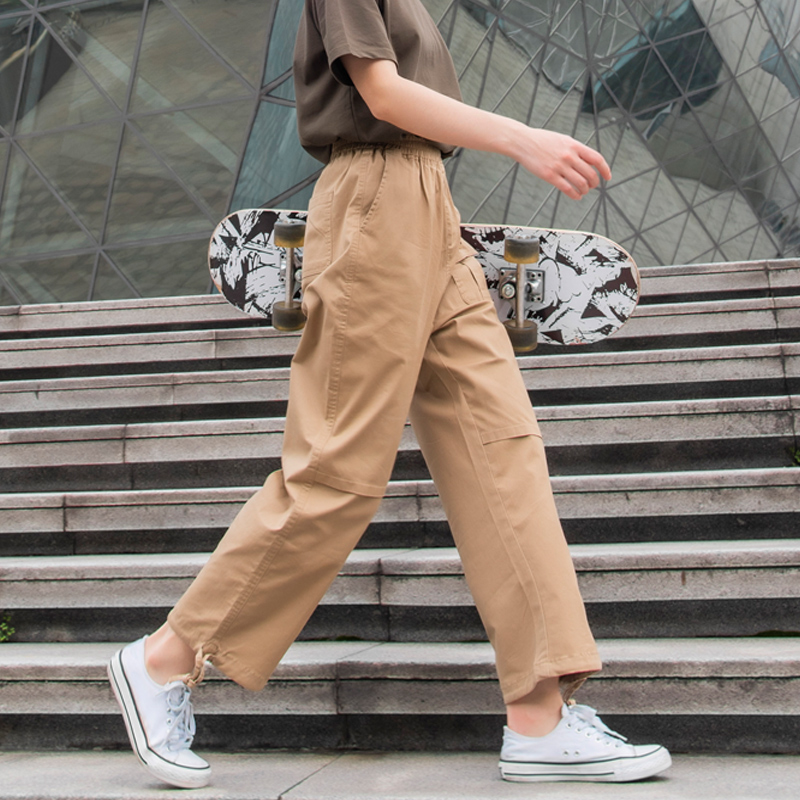 军绿色裤子女夏季薄款大码工装裤春秋G九分小个子直筒阔腿休闲宽