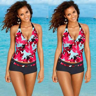 新品Women Floral Printing Backless halter Swimwear Tankini S