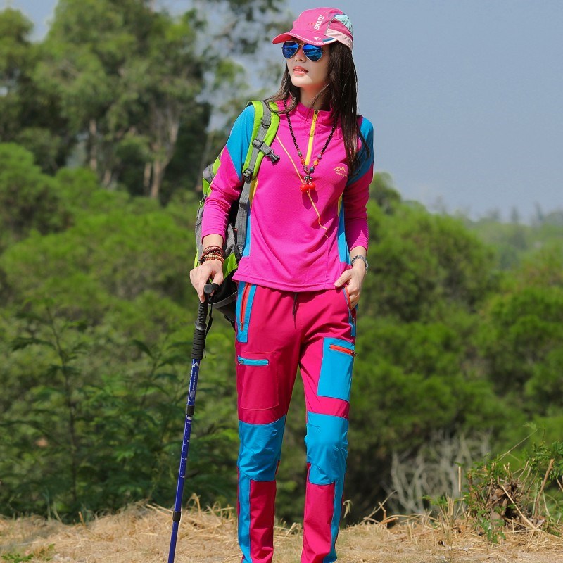 户外登山徒步速干衣运动套装女长袖T恤爬山运动行山拼色快干衣裤