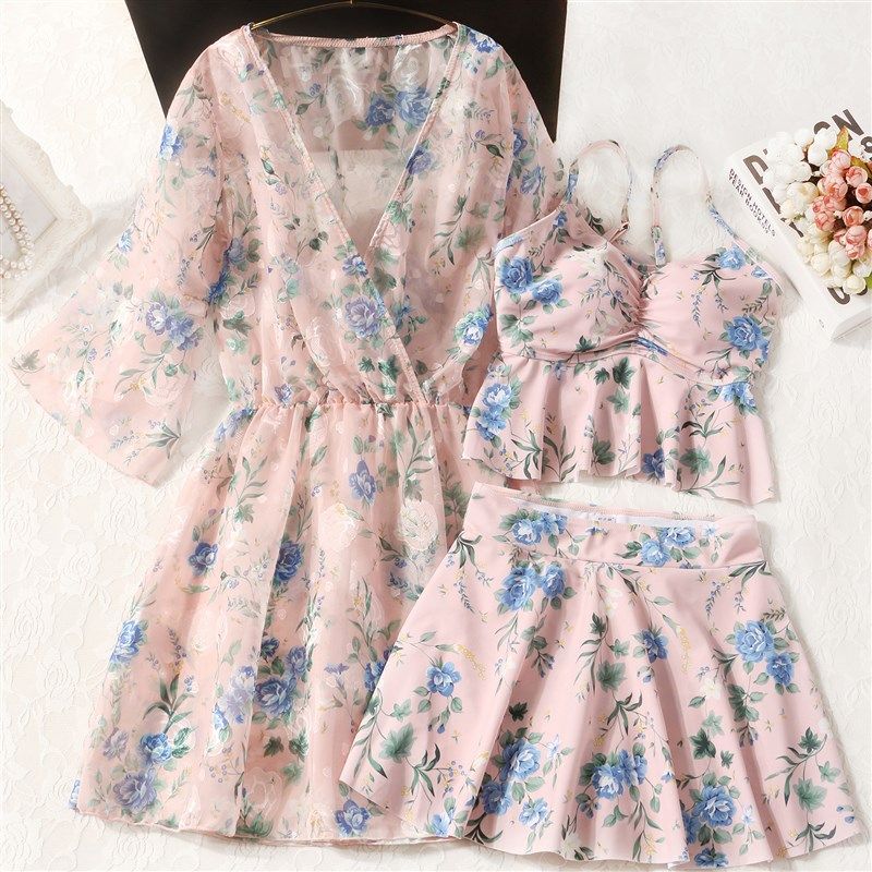 【粉蓝蔷薇】泳衣女分体三件套纯欲罩衫遮肚子显瘦保守泡温泉泳装