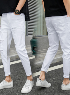 纯黑色破洞牛仔裤男夏季薄款膝盖一字破洞修身小脚U韩版潮流九分