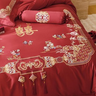 新中式 轻奢刺绣花结婚庆全棉四件套100S纯棉红陪嫁床上喜被套床单