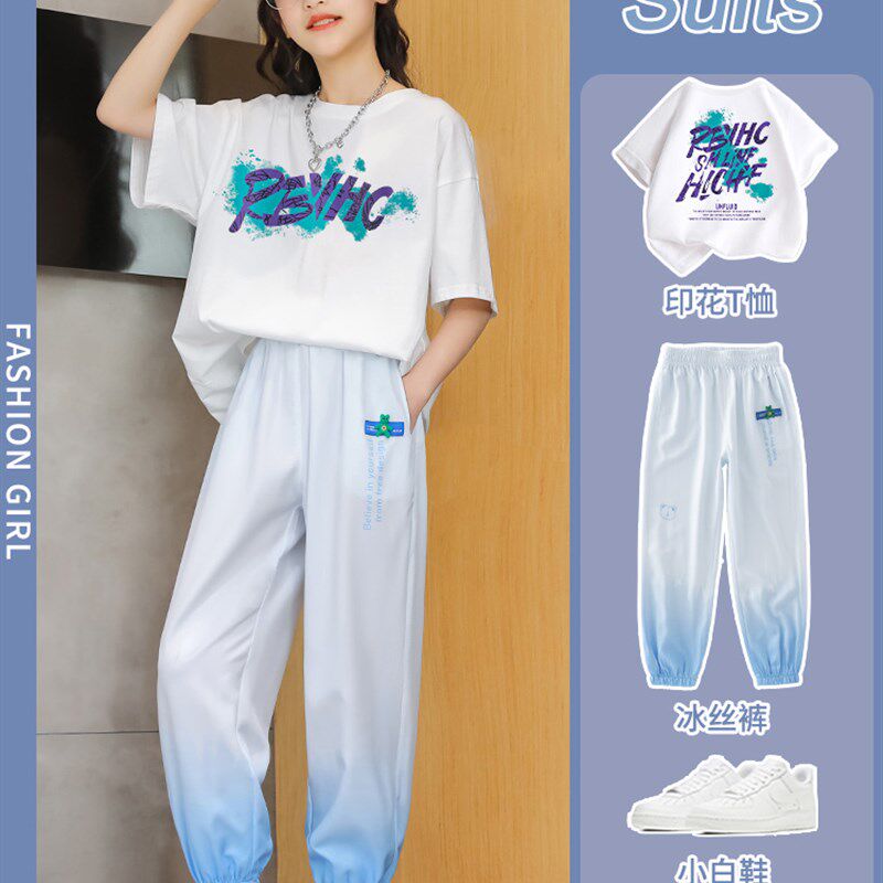 next sara女童运动夏装2023新款洋气儿童夏季中大童短袖女孩套装