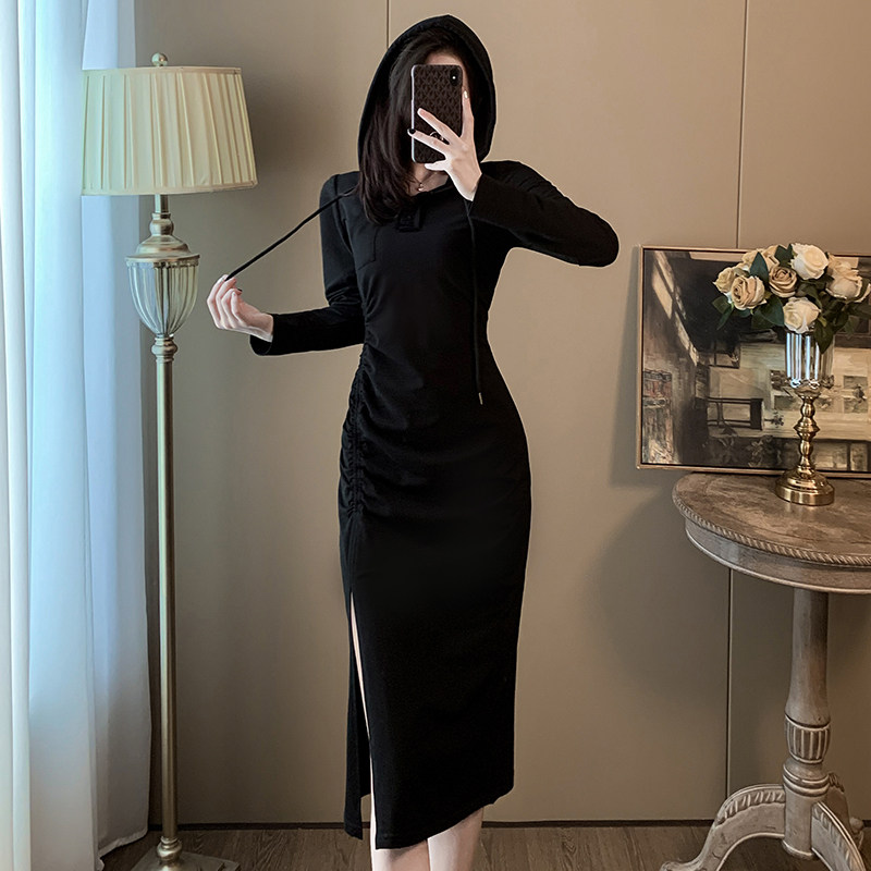 连帽中长款长袖卫衣连衣裙秋季2024新款女装收腰显瘦开叉包臀裙子