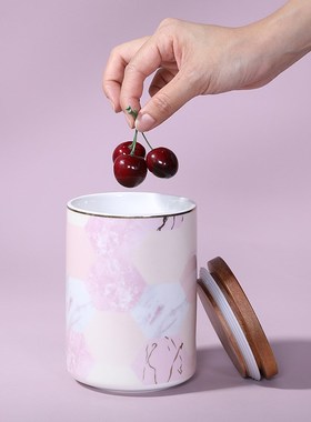 北欧粉色大理石陶瓷密封罐带盖储物罐收纳罐子花茶糖果罐摆件