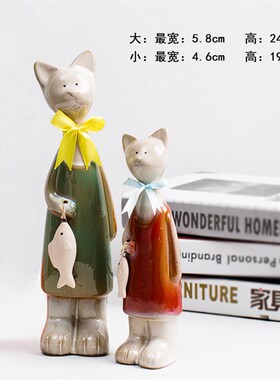 新款热卖陶瓷工艺品 创意家居饰y领结猫二件套摆件cgh14004陶瓷工