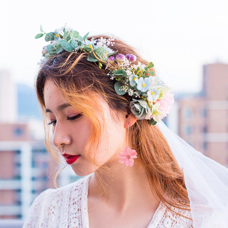 韩式森系度假新娘花环头纱花童头环结婚发饰拍照头花婚纱礼服配饰