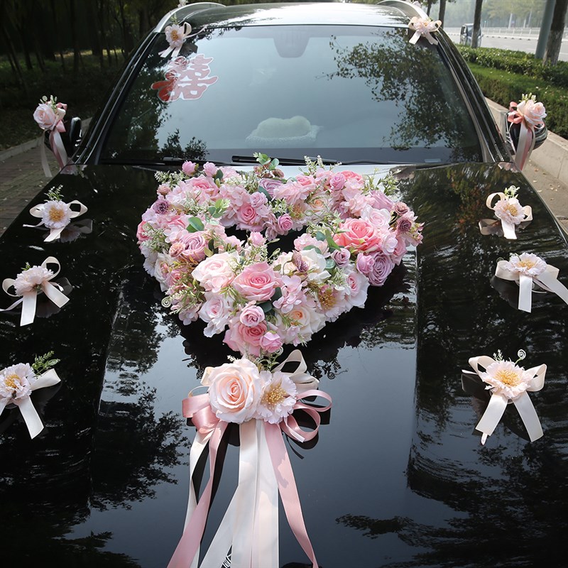 粉色结婚礼车装饰花主结婚礼车花头车装饰婚礼车队花车头花X拉花