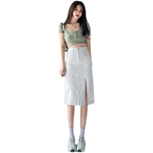 a字小个子包臀裙 中长款 白色高腰开叉牛仔半身裙女2022年新款 夏季