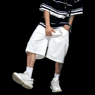 百搭过膝中裤 白色宽松休闲牛仔短裤 五分裤 大码 男日系潮牌阔腿工装