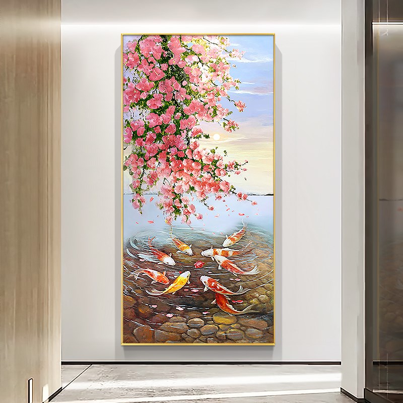 新中式玄关装饰画九鱼图现代简约美式入户走廊过道挂画手绘油画图片