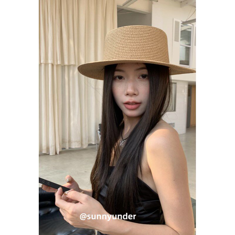 平顶光板草编草帽女夏季巴拿马遮阳礼帽户外旅游拍照度假平沿帽子