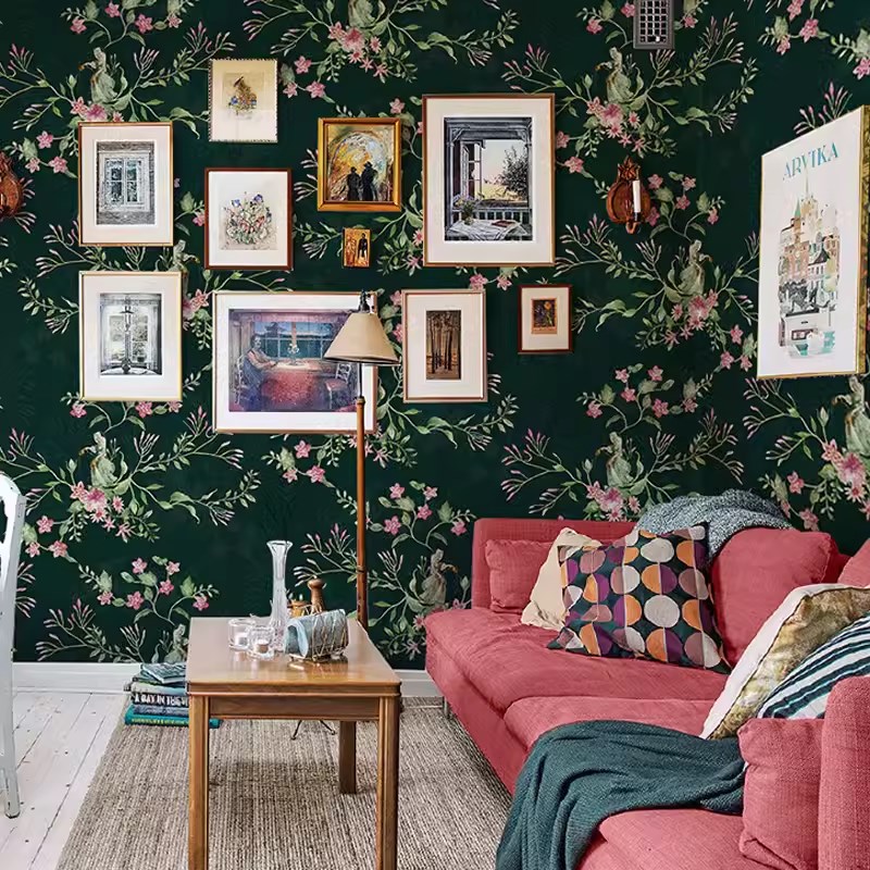 美式乡村墙纸墨绿色植物壁纸电视背景墙布壁画卧室客厅沙发壁布