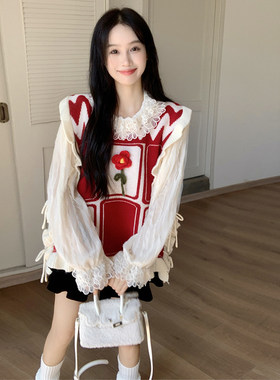 大尺码女装胖mm仙气甜美蕾丝打底衫圆领宽松绑带马甲时X尚叠穿两