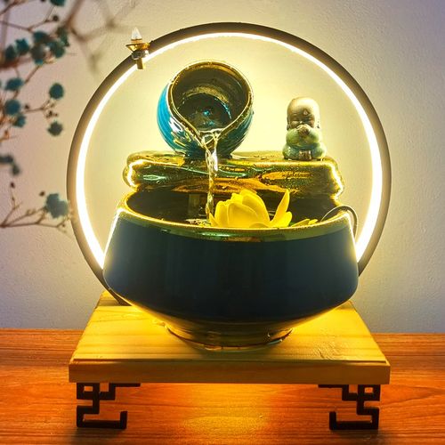 桌面中式禅意循环水景陶罐带灯圈流水生财摆件家居陶瓷鱼缸加湿器