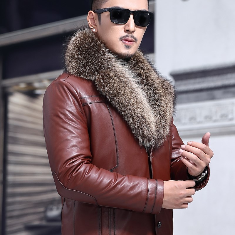 推荐Genuine Real Cow Winter Coat Mink Collar Men Leather Jac