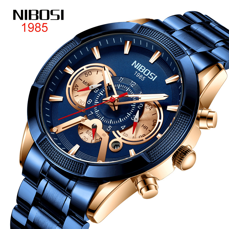 一件代发nibosi新款男表防水夜光多功能男士手表休闲不锈钢腕表
