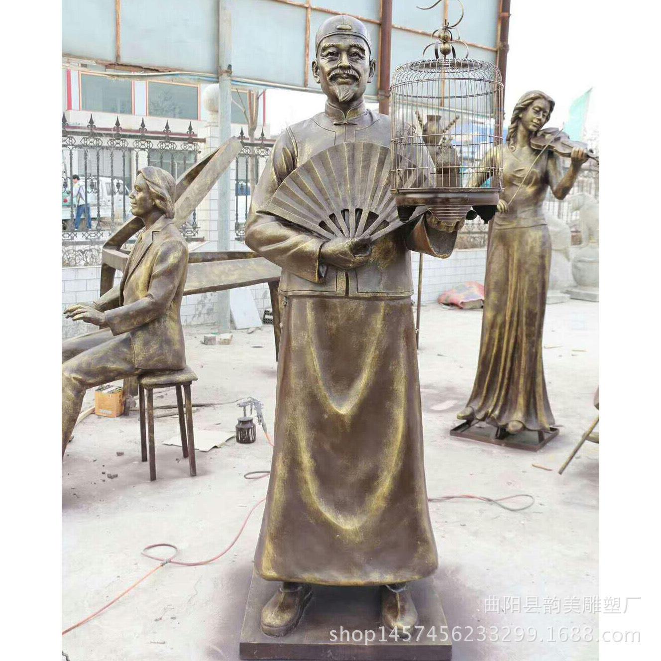 玻璃钢人物雕塑唱大鼓书民俗文化景观小品仿铜摆件商业街古城