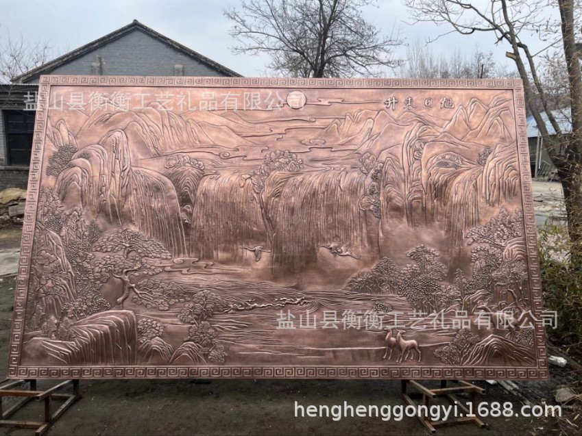 锻铜浮雕紫铜壁画花开富贵花鸟铜板画客厅装饰画别墅背景墙影壁墙图片