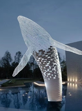 定制镂空鲸鱼雕塑售楼处商场展厅酒店不锈钢铁艺网格金鱼悬吊装饰