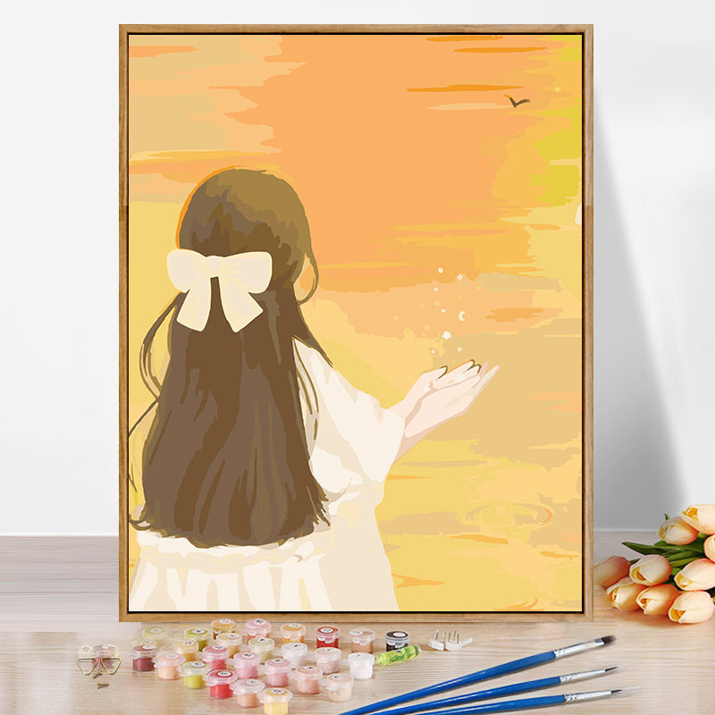 新款直销diy数字油画手绘少女人物背影简单填色油彩画带框油画丙